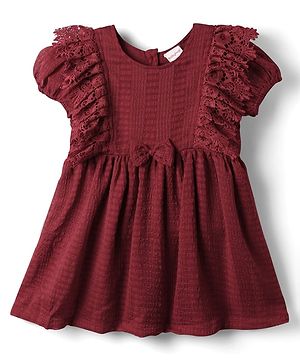 Babyhug Cotton Woven Half Sleeves Solid Frock With Bow Applique & Lace Detailing - Dark Red