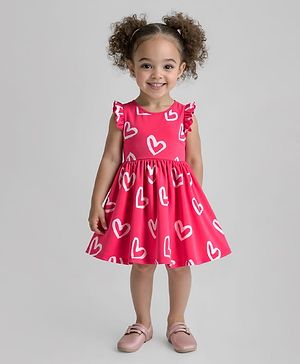 Bonfino Cotton Knit Frill Sleeves Frock with Heart Print - Red