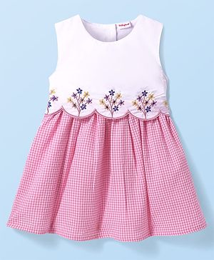 Babyhug Cotton Woven Sleeveless Frock with Checks & Floral Embroidery - Pink