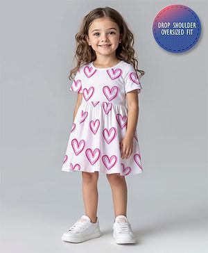 Bonfino Cotton Knit Half Drop Shoulder Sleeves Dress With Heart Print - White