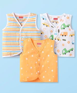Babyhug 100% Cotton Woven Sleeveless Jhablas with Stripes & Vehicle Print Pack of 3 - Orange & White