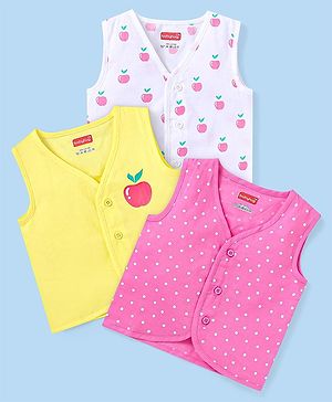 Babyhug 100% Cotton Woven Sleeveless Polka Dots & Apple Printed Front Open Jhablas Pack of 3 - White Yellow & Pink