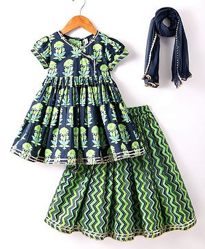 Babyhug Cotton Woven Half Puffed Sleeves Cambric Printed Lehenga Choli & Dupatta Set - Navy Blue & Green