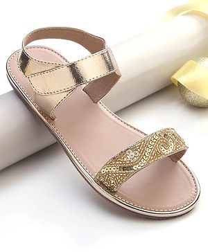 Pine Kids Formal & Party Wear Sandal with Velcro Closer  & Sequence Embroidery - Gold