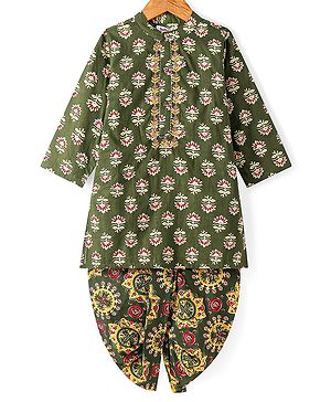 Babyhug Cotton Woven Full Sleeves Floral Printed Kurta & Dhoti Set - Olive Green