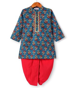 Babyhug Woven Full Sleeves Kurta Dhoti Set Floral Print - Teal Blue