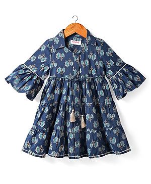 Babyhug Cotton Woven Three Fourth Sleeves Ethnic Dress with Floral Print - Navy Blue