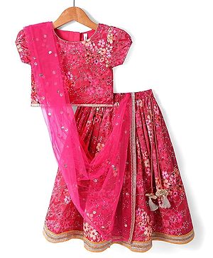 Babyhug Woven Short Puffed Sleeves Embroidered Lehenga Choli & Dupatta Set Floral Print - Dark Pink