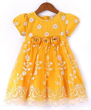 Babyhug Woven Half Puff Sleeves Ethnic Dress With Floral & Sequin Embroidery - Yellow