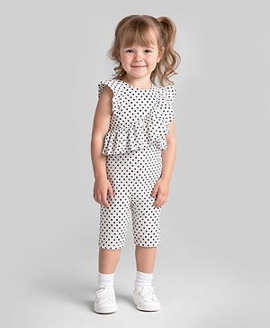 Bonfino Woven Sleeveless Jumpsuit With Polka Dot Print & Frill Detailing - White