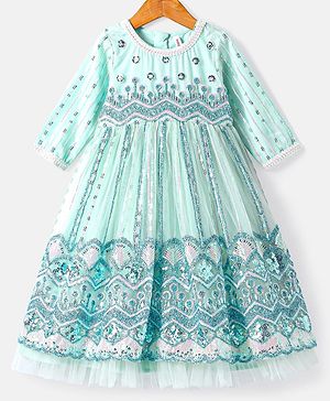 Babyhug Woven Three Fourth Sleeves Floral & Sequin Embroidered Ethnic Dress - Aqua Blue