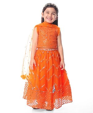 Babyhug Sleeveless Sequenced Embroidered Choli Lehenga & Dupatta Set - Orange