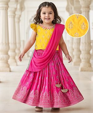 Babyhug Woven Frill Sleeves Brocade Choli Lehenga & Dupatta Set with Tassle Detailing - Dark Pink