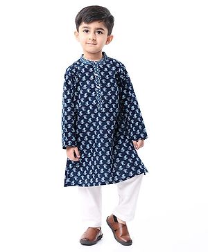 Babyhug Cotton  Woven Full Sleeves Ikat Printed Kurta - Navy Blue