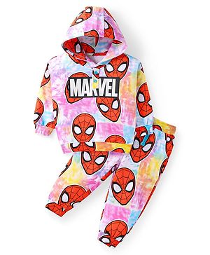 Babyhug Marvel Terry Knit Full Sleeves Hooded Sweatjacket & Joggers Set with Spiderman Graphics - Red Pink & Blue