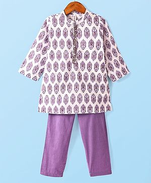 Babyhug Cotton Woven Full Sleeves Floral Printed Kurta Pyjama Set - Lilac