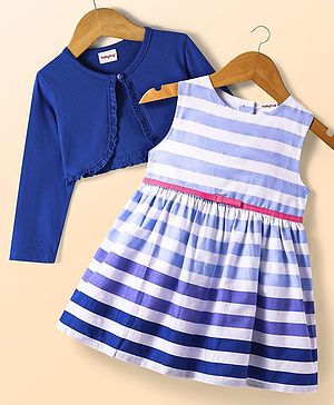 Babyhug Cotton Woven Full Sleeves Solid Shrug & Striped Frock with Bow Applique - Blue