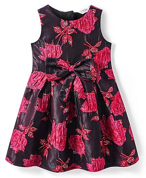 Primo Gino Woven Sleeveless Party Frock With Floral Embroidery & Bow Applique - Red & Black