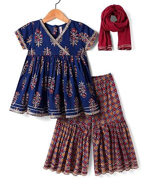 Babyhug Cotton Woven Half Sleeves Floral Printed  Kurti Gharara Set with Dupatta - Navy