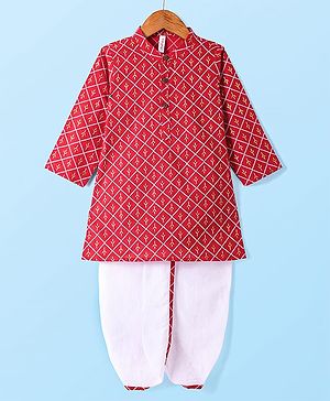 Babyhug Cotton Woven Full Sleeves Foil Printed Kurta & Dhoti Set - Red