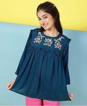 ISHTI Three Fourth Sleeves Frill Detailed Floral Embroidered Top - Bottle Green