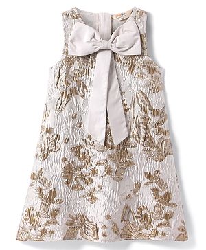 Primo Gino Woven Sleeveless Floral Embroidered Party Dress With Bow Applique - Beige