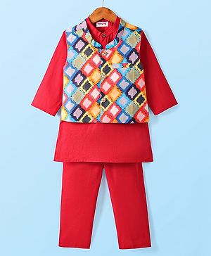 Babyhug Cambric Woven Full Sleeves Solid Color Kurta Pyjama Set with Printed Jacket - Red