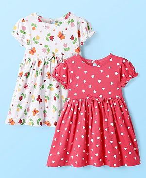Babyhug Cotton Knit Puffed Sleeves Frocks Floral & Heart Print Pack of 2 - White & Dark Pink