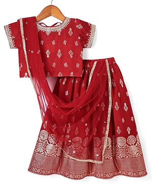 Babyhug Woven Half Sleeves Brocade Lehenga Choli & Dupatta Set with Sequin Detailing - Maroon