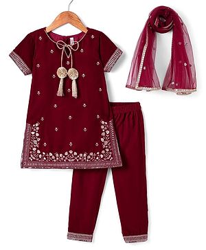 Babyhug Woven Half Sleeves Velvet Embroidered Kurti Churidar & Dupatta Set - Dark Red