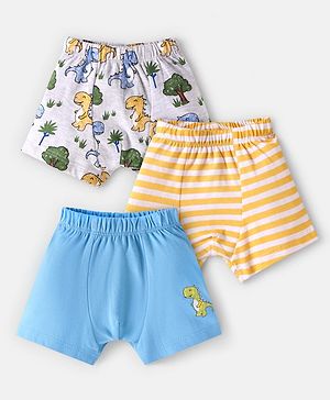 Babyhug 100% Cotton Trunks with Dino Print & Stripes Pack of 3 - Blue & White