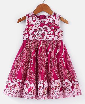 Babyhug  Woven Sleeveless Floral Embroidered Ethnic Dress with Sequin Detailing - Dark Pink
