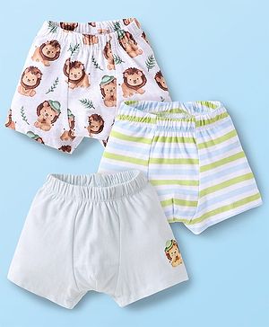 Babyhug 100% Cotton Single Jersey Knit Trunks With Stripes & Lion Print Pack Of 3 - White & Light Green
