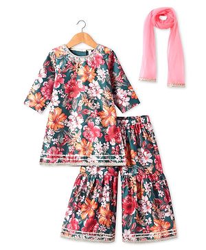 Babyhug Woven Three Fourth Sleeves Digital Floral Printed Kurta Gharara Set with Dupatta & Lace Detailing - Teal Blue
