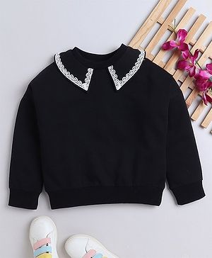 Aww Hunnie Cotton Terry Full Sleeves Lace Embellished Sweatshirt - Black