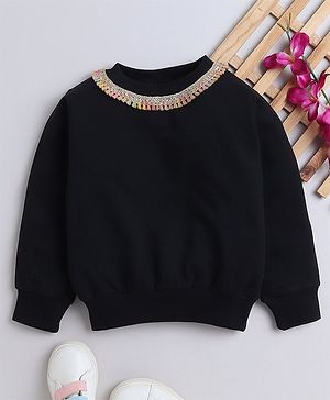 Aww Hunnie Cotton Terry Full Sleeves Tassel Lace Embellished Sweatshirt - Black