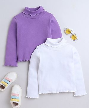 Aww Hunnie Pack Of 2 Cotton Rib Full Sleeves Solid Tees - Lavender & White