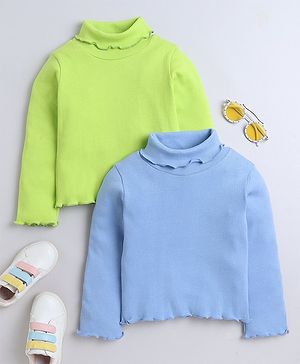 Aww Hunnie Pack Of 2 Cotton Rib Full Sleeves Solid Tees - Green & Blue