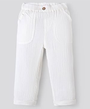 Bonfino 100% Cotton Crinkle Woven Full Length Double Gauze Trousers - Off White