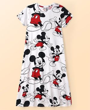 Bella Mama Disney Cotton Knit Half Sleeves Nighty With Mickey Mouse Graphics - White