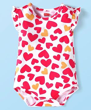 Babyhug 100% Cotton Knit Frill Sleeves Heart Printed Onesie - White & Red