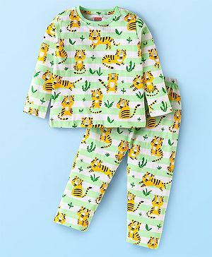 Babyhug Cotton Knit Full Sleeves Animal Printed Night Suit - Light Green