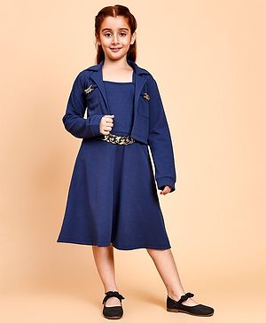 Little Marine Cotton Sleeveless Gold Chain Styled Fit & Flared Dress With Full Sleeves Coordinating Jacket Set - Navy Blue