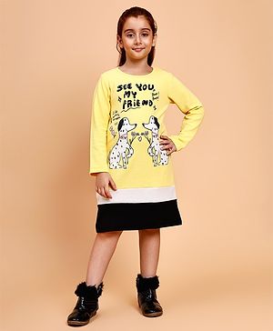 Little Marine Cotton Full Sleeves Dogs & Text Printed A Line Dress - Yellow