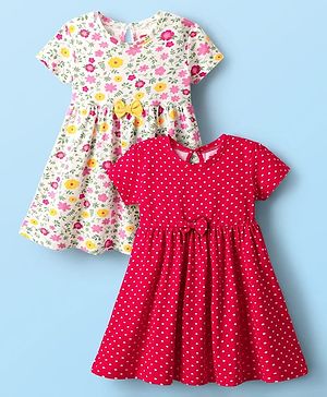 Babyhug Single Jersey Knit Half Sleeves Floral & Polka Dot Printed Frocks With Bow Applique Pack of 2 - Red & White