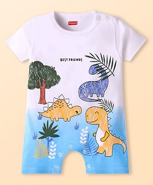 Babyhug Interlock Knit Half Sleeves Romper With Dino Print - White & Blue