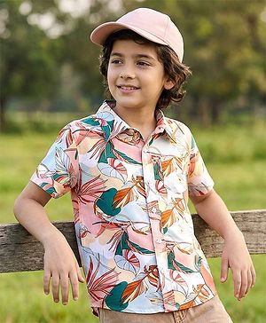 Pine Kids Woven Half Sleeves Tropical Theme Printed Shirt - Pink & Light Blue