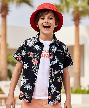 Pine Kids Viscose Woven Half Sleeves Floral Printed Shirt with T-Shirt - Blue & Black