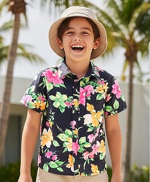 Pine Kids Viscose Woven Half Sleeves Shirt with Floral Print - Black