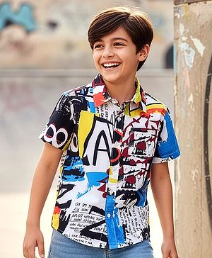 Pine Kids Woven Half Sleeves Text Printed Shirt - Blue & Black